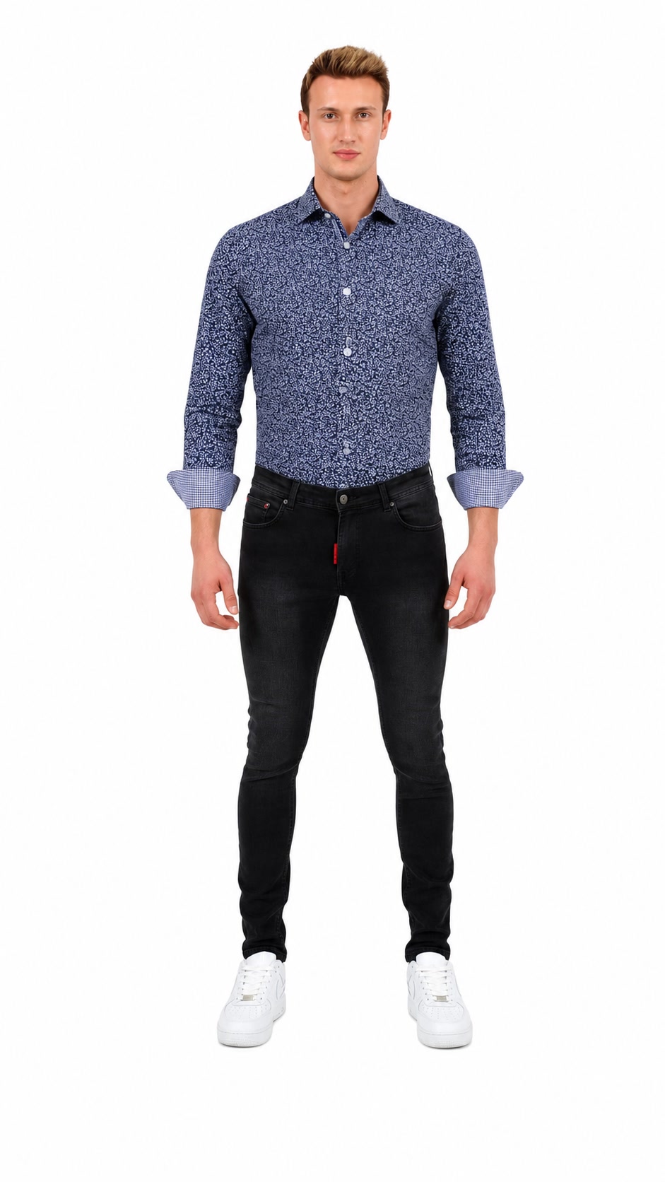Men's Slim Fit Floral Printed Button-Down Shirt - Blue